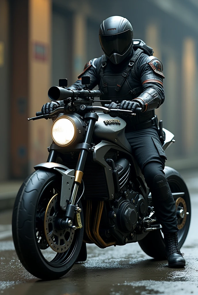 A biker sitting in a superbike in a full custom and holding sniper