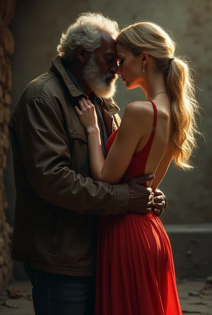 a fat old homeless black man, a rich beautiful blonde woman, wearing backless dress, hugging, looking at viewer, extremely detailed, cinematic lighting, dramatic composition, epic romance, photorealistic, 8k, high quality, masterpiece, hyper realistic, dramatic atmosphere, stunning colors, dynamic pose, intense emotion, chiaroscuro lighting, classical art style, oil painting