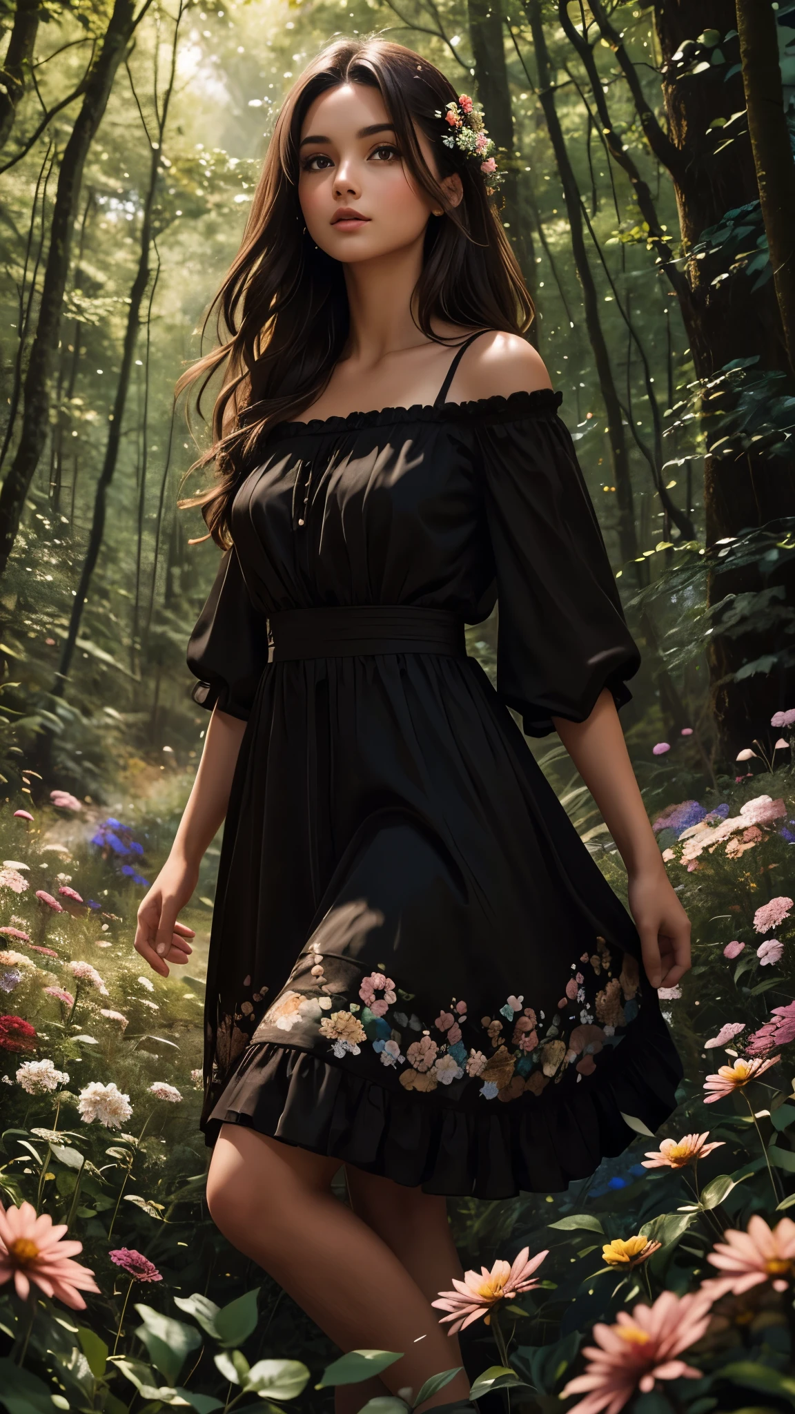 Beautiful brunette girl with brown eyes wearing a black dress in a beautiful forest full of flowers