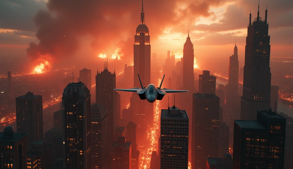 a futuristic city of new york in chaos, burning buildings, explosions, lockheed martin f-22 raptor fighter jets, realistic, photorealistic, cinematic, 8k, ultra-detailed, dramatic lighting, dystopian, cyberpunk, gritty, dark, moody