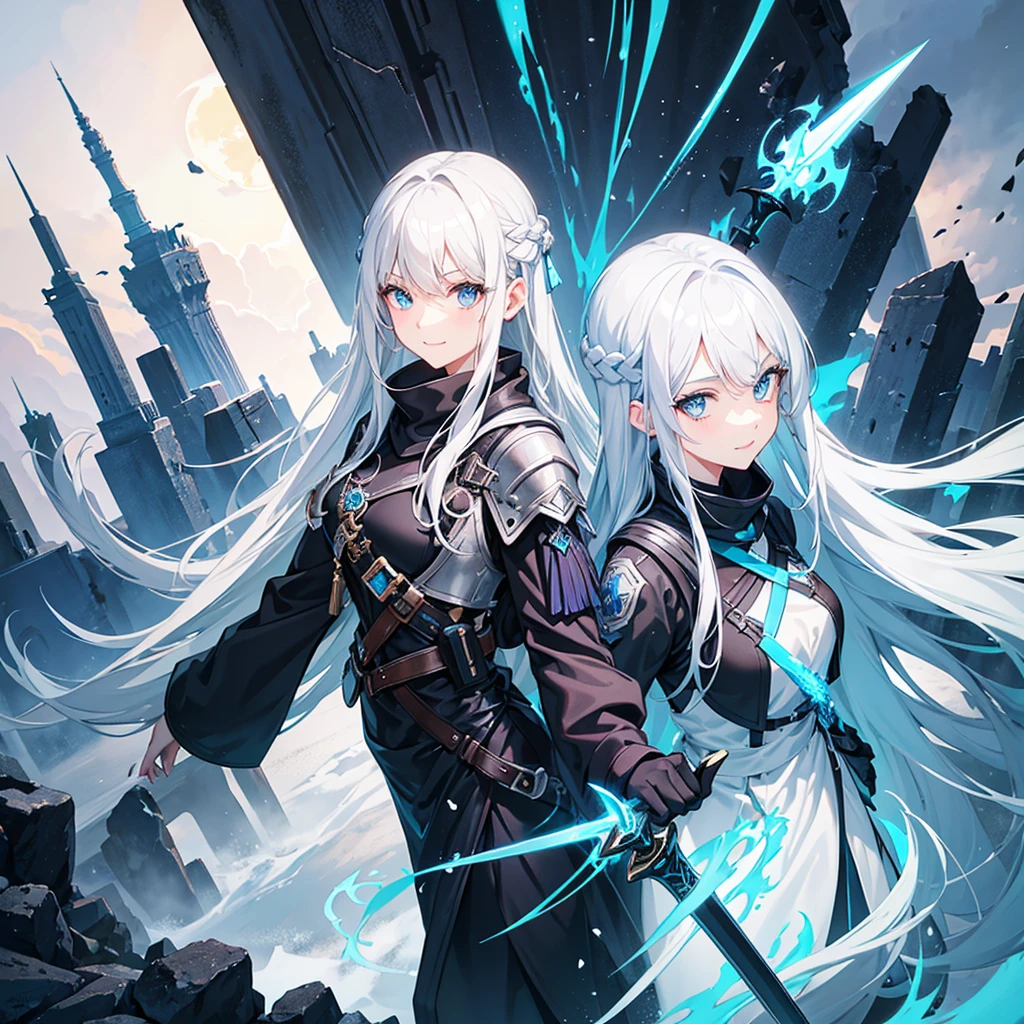 A beautiful adventurous girl with white hair and blue eyes, She is smiling, with a black outfit with blue details and a sword on his back, Fantasy world