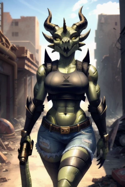 ((4k)), (best body), (sexy women), Solo, score_9,score_8_up,score_7_up, kemono style, Anthro deathclaw from fallout, Anthro reptile girl, snout, green scaled skin, gold eyes, black lips, black horns, black ram horns, athletic body, smiling, walking in a ruined city, holding a rusty gun, wearing bodyarmor, bulletproof vest, blue jean shorts and a blue tank top, sfw, intimidating woman, monstergirl, sleek female dragon head, as an anthropomorphic dragon, commission for high res, female dragonborn, well designed female dragon head, anthro lizard, female fursona,  female dragon head