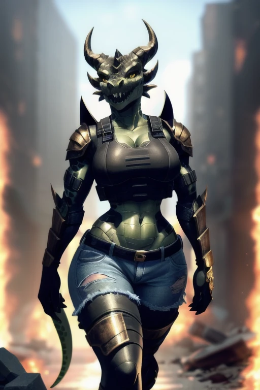 ((4k)), (best body), (sexy women), Solo, score_9,score_8_up,score_7_up, kemono style, Anthro deathclaw from fallout, Anthro reptile girl, snout, green scaled skin, gold eyes, black lips, black horns, black ram horns, athletic body, smiling, walking in a ruined city, holding a rusty gun, wearing bodyarmor, bulletproof vest, blue jean shorts and a blue tank top, sfw, intimidating woman, monstergirl, sleek female dragon head, as an anthropomorphic dragon, commission for high res, female dragonborn, well designed female dragon head, anthro lizard, female fursona,  female dragon head