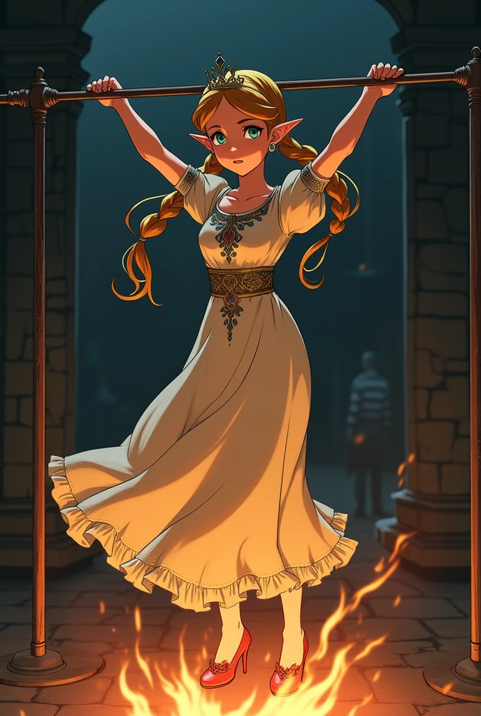 Anmie style picture, princess zelda is being turned on a spit