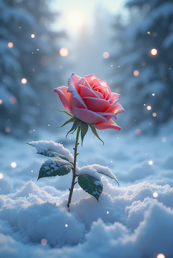 a snow-covered winter landscape, blizzard, pure white, interplay of light and shadow, layered depth, distant lamp in the far background, 2.5D, dynamic and intricate special effects, sparkling highlights, ethereal fog effects, artistic photography, surrealistic, CG digital art, rose, water droplets