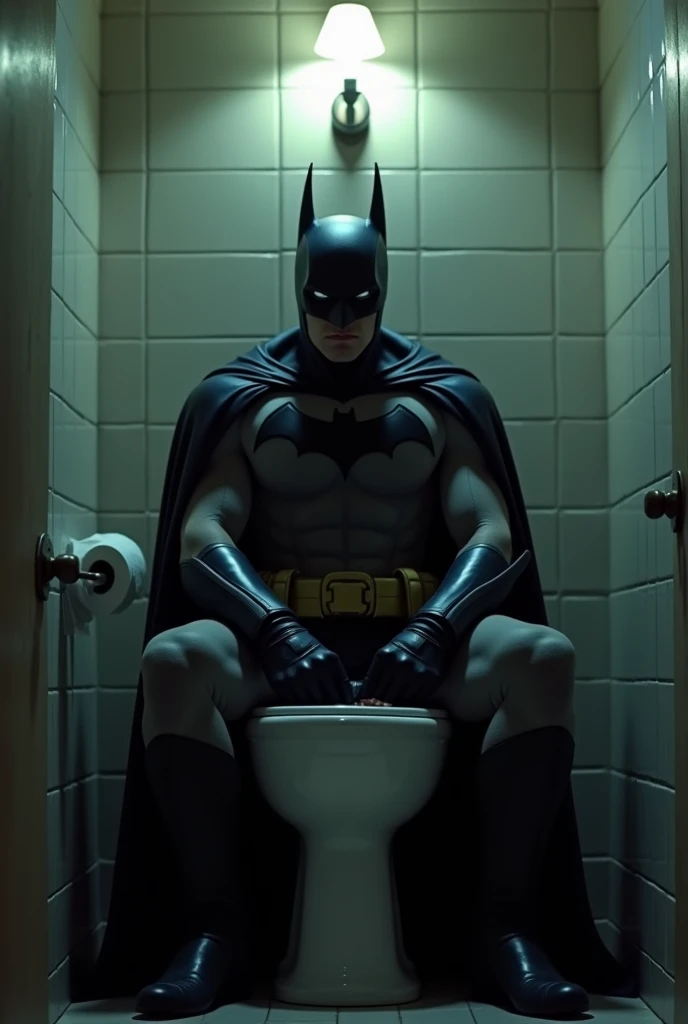 Batman pooping in the toilet. bathroom background .