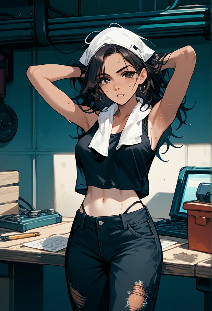 masterpiece, best quality, mature woman, messy hair, black hair, brunette gradient hair color, hot face, (tomboy face), tan skin, mature body, fit body, medium breasts, mechanic gloves, (dirty tank top), stained tank top, midriff, white bandana, mechanic pants, loose pants, workshop, (sweaty), towel around neck, black thong lines, ripped pants, hands behind head