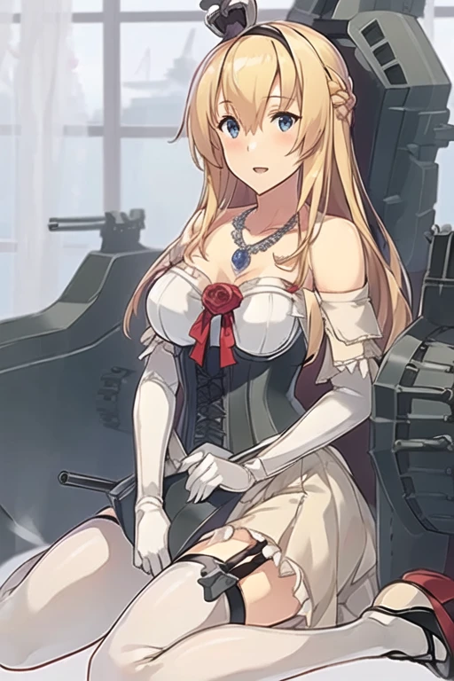 warspite \(kancolle\),((masterpiece)),(((best quality))),((ultra-detailed)),((illustration)),((disheveled hair)),((frills)),(1 girl),(solo),1girl, bare shoulders, black footwear, blonde hair, blue eyes, braid, breasts, corset, crown, dress, flower, french braid, garter straps, hairband, jewelry, long hair, long sleeves, machinery, mary janes, medium breasts, mini crown, necklace, off-shoulder dress, off shoulder, red flower, red ribbon, ribbon, rose, scepter, shoes, sitting, solo, thighhighs, throne, torn clothes, torn dress, torn legwear, turret, white dress, white legwear, Official attire