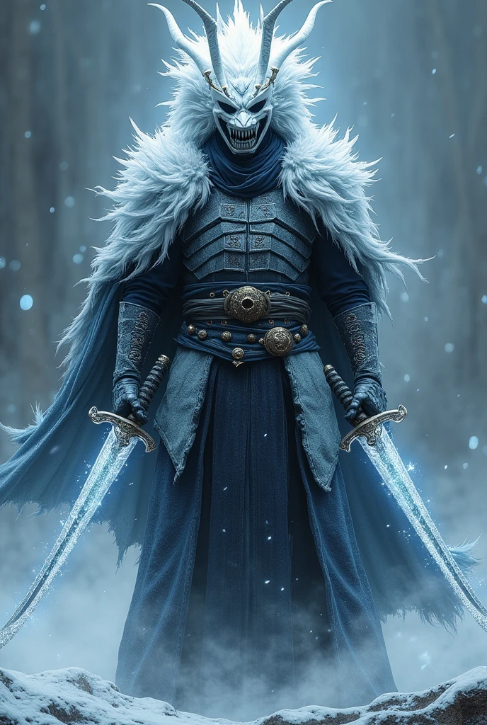 A samurai with white dragon armor and 2 frozen katanas and a black cloak with a samurai mask