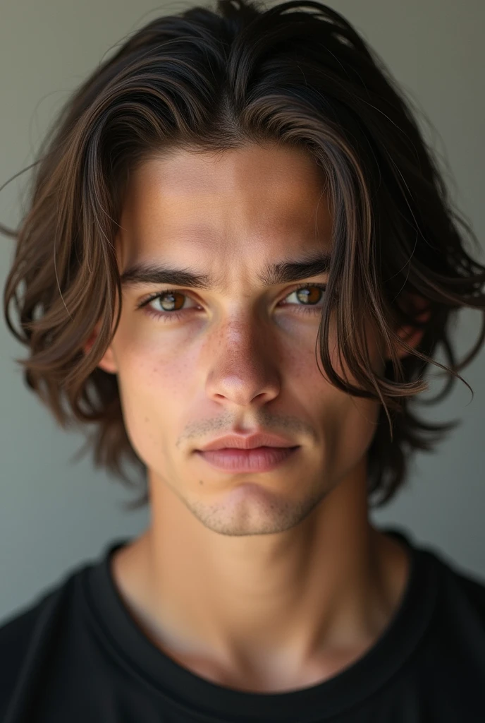 Young Male, brown longish hair slicked back, dark brown eyes, fair skin, looks similar to carl gallagher mix with finn Nelson, realistic 