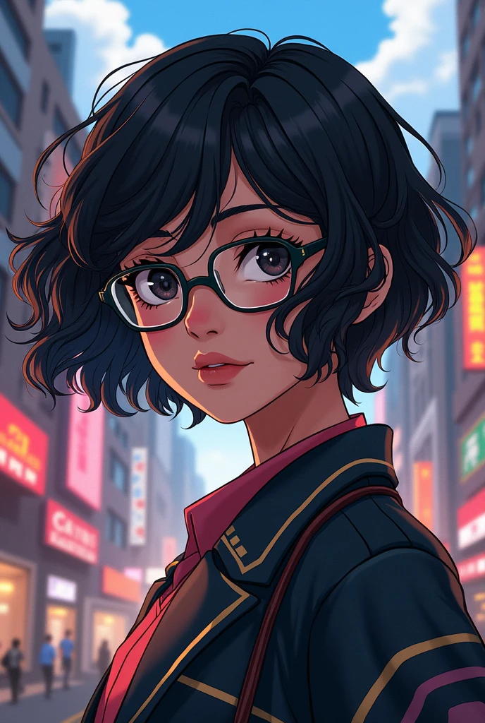 Bokuno hero academia style girl with brown skin,short black wavy hair, slanted, black eyes and wearing glasses