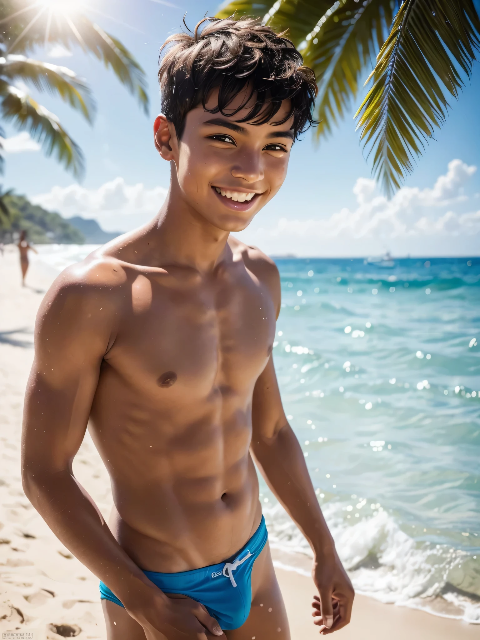(2boys, photorealistic:1.4, ultra realistic, masterpiece:1.2, best quality, 4k), cute young boys along the shore at the beach, age 18, slender body, skinny, wearing on swim brief and sunglasses, playful poses, splashing waves, running along the shoreline, playful, beautiful summer day, vibrant colors, sun-kissed skin, energetic, bright smile, carefree, cute boyish face, detailed face, ultra realistic skin, shot on Nikon d850 50mm, dlsr, RAW, natural lighting, midday sun