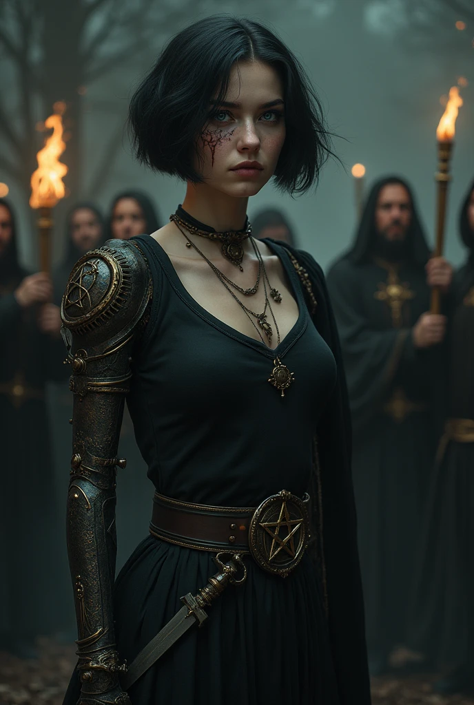 Girl with short black hair, from the realistic middle ages, light eyes dark clothes with a prosthetic arm, detailed steampunk with pentagram, cut on the face, look of suffering, dagger, the night, with a religious group with fire behind.