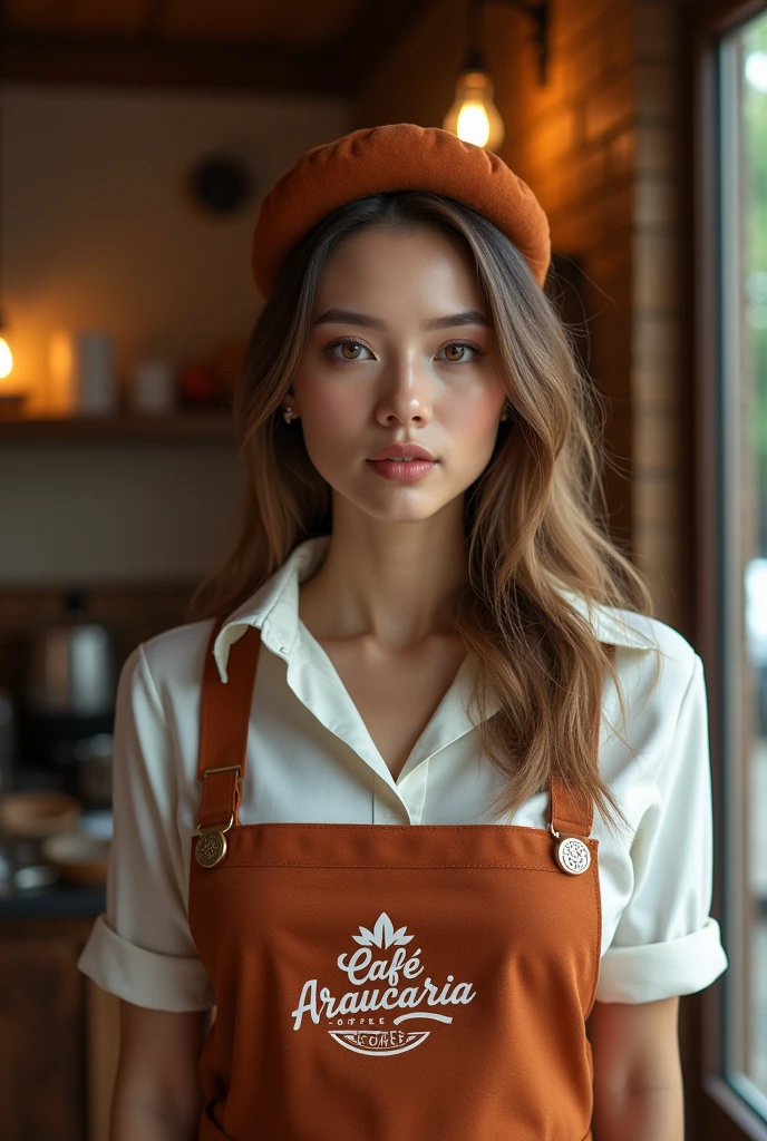 A beauty woman with a uniform of the Coffe brand named “Cafe Araucaria”