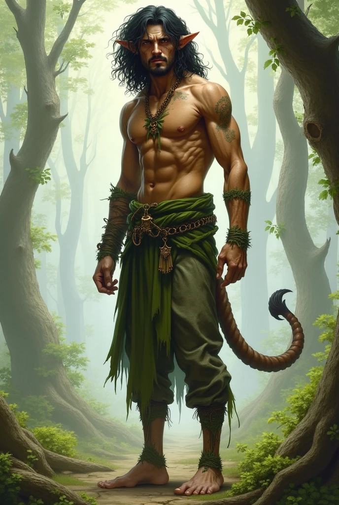 Create an image of a one 2 human druid with short pointed ears and tanned skin. He has long curly black hair and wears a simple moss-green outfit. The druid is barefoot, and his fingernails are slightly pointed. He also has a DEMONIC TAIL but no horns.