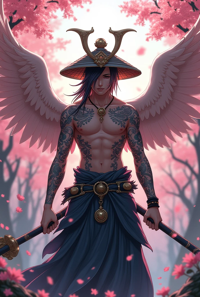 A samurai with several tattoos on his body, he wears a Samurai hat with several amulets tied to his hat, he is holding the Monkey King's staff, he is flying and one of his wings is white and the other is black, his hair is huge, half of it is white and the other half is black, he is guarding the entrance to this place. In addition to giving entrance, it is full of cherry trees and their petals are flying, the image has to be in anime.