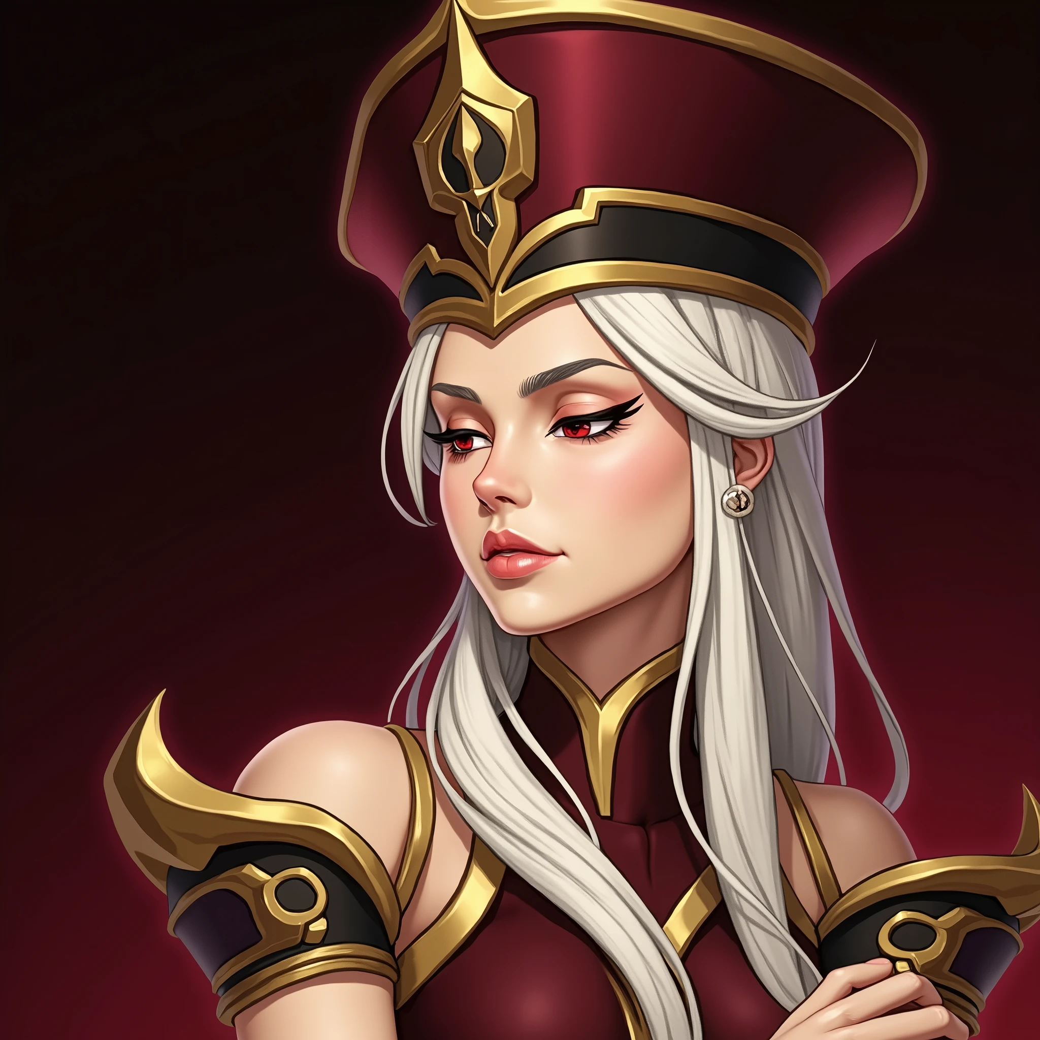 (masterpiece, high quality:1.8), extremely detailed, ambient,
SallyWhitemane, 1 women, mature female, FeelsGood, closed eyes,
determined,
white hair, long hair, closed eyes, jewelry, (eyeshadow:1.7),
hat, shoulder armor, (two-tone leotard:1.8), gold trim,
red background,
