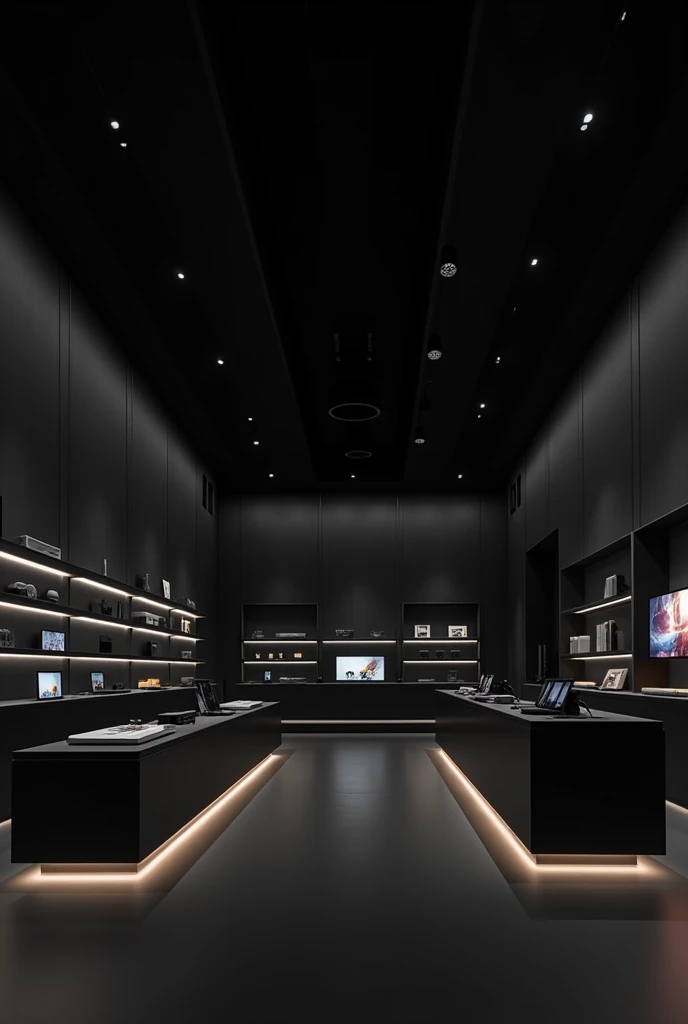 Modern electronics store with no people inside, black color 