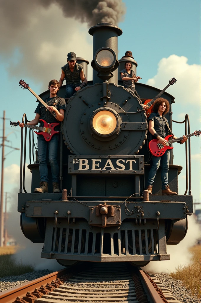 train, with 3 musicians with guitars, that the train has a sign called the beast