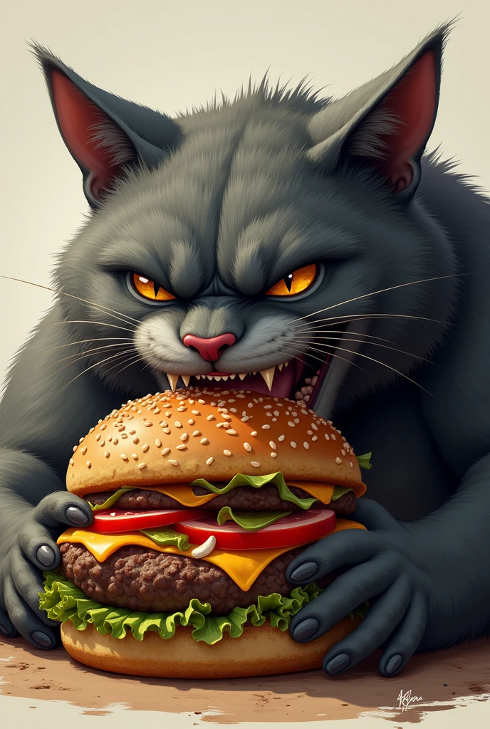 Muscular cat eating hamburger