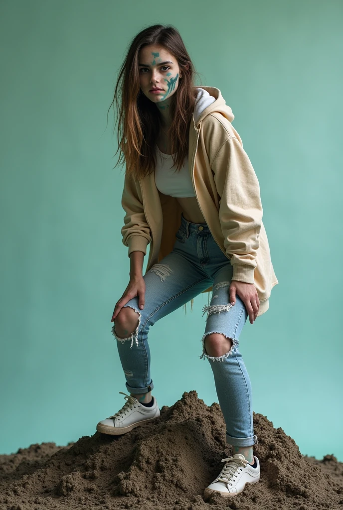 A young female zombie with half her body coming out of a grave (only up to the waist), in central and frontal angle towards the camera. She is wearing a modern and casual outfit. She is looking at the camera and posing like a model. The background is a single color, It's like a studio photograph. It's a fun and cool photo