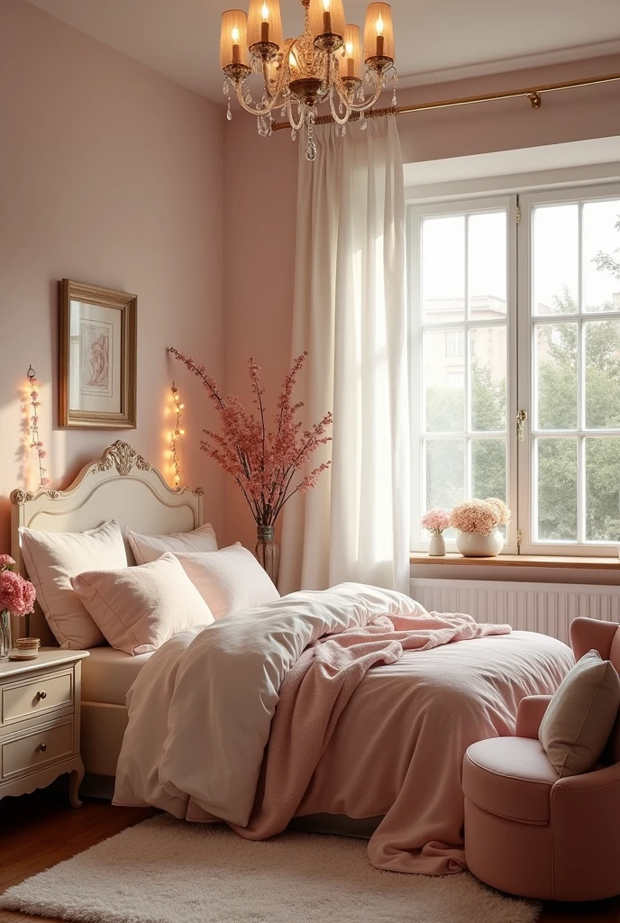 Please design me a fairy tale style bedroom for my girl., with gentle and peaceful design, bright color