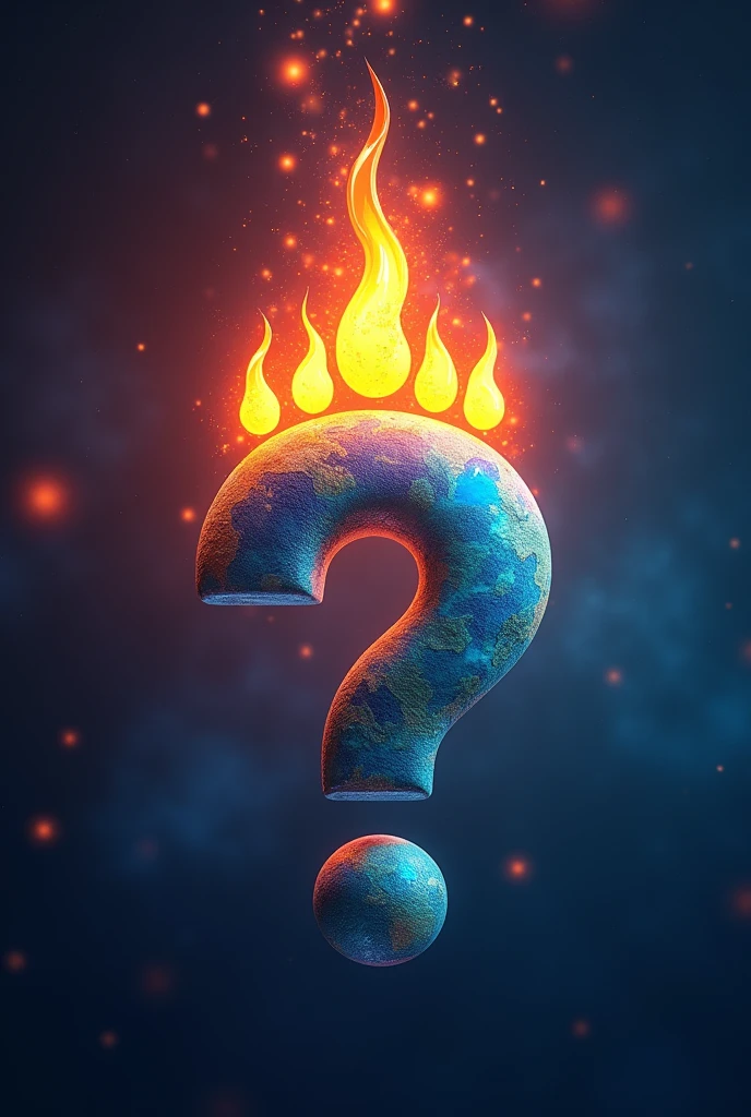 "To design the company logo according to your request, I will create a logo image that includes the following elements:
- **Question mark symbol**: The shape of the question mark will contain a realistic globe (similar to a satellite image of Earth) inside.
- **Flames on top of the question mark**: There will be 5 mystical, glowing, and creative flames on top of the question mark.
- **Color of the question mark**: The question mark will feature a blend of 7 colors, creating a harmonious and striking visual effect."