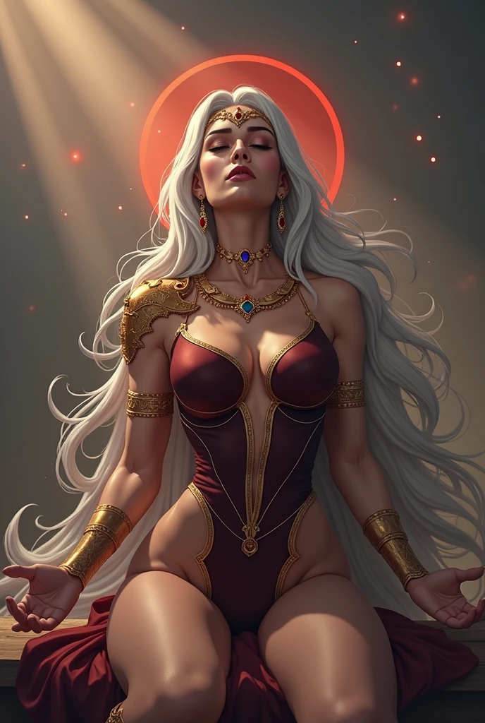 (masterpiece, high quality:1.8), extremely detailed, ambient,
SallyWhitemane, 1girl, mature female, FeelsGood, closed eyes,
determined,
white hair, long hair, closed eyes, jewelry, (eyeshadow:1.3),
hat, shoulder armor, (two-tone leotard:1.2), gold trim,
red background,
