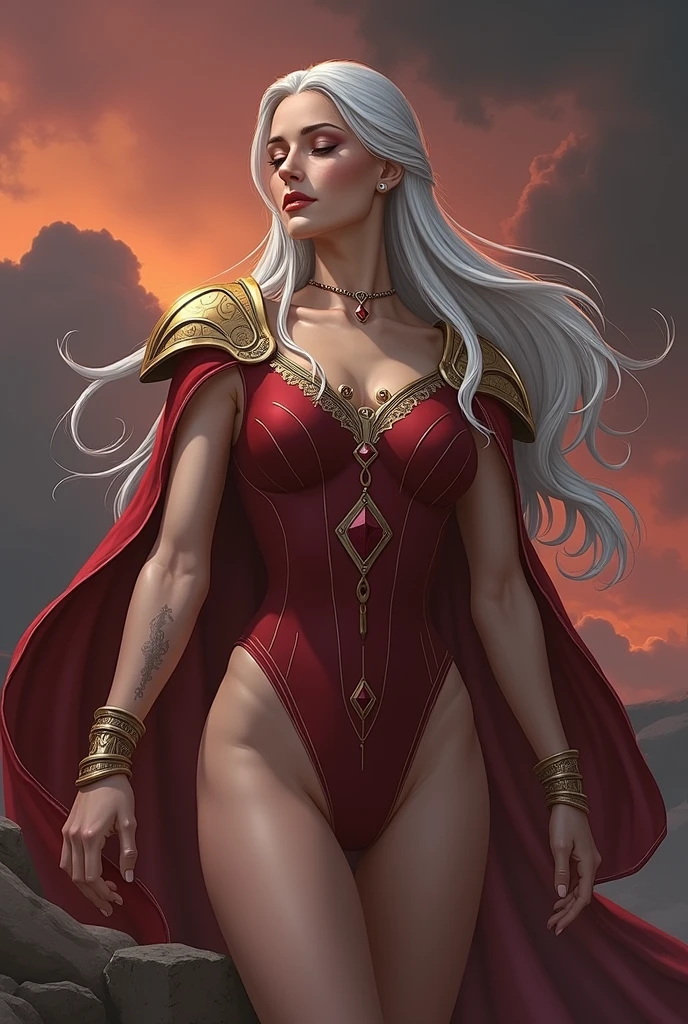 (masterpiece, high quality:1.8), extremely detailed, ambient,
SallyWhitemane, 1girl, mature female, FeelsGood, closed eyes,
determined,
white hair, long hair, closed eyes, jewelry, (eyeshadow:1.3),
hat, shoulder armor, (two-tone leotard:1.2), gold trim,
red background,
