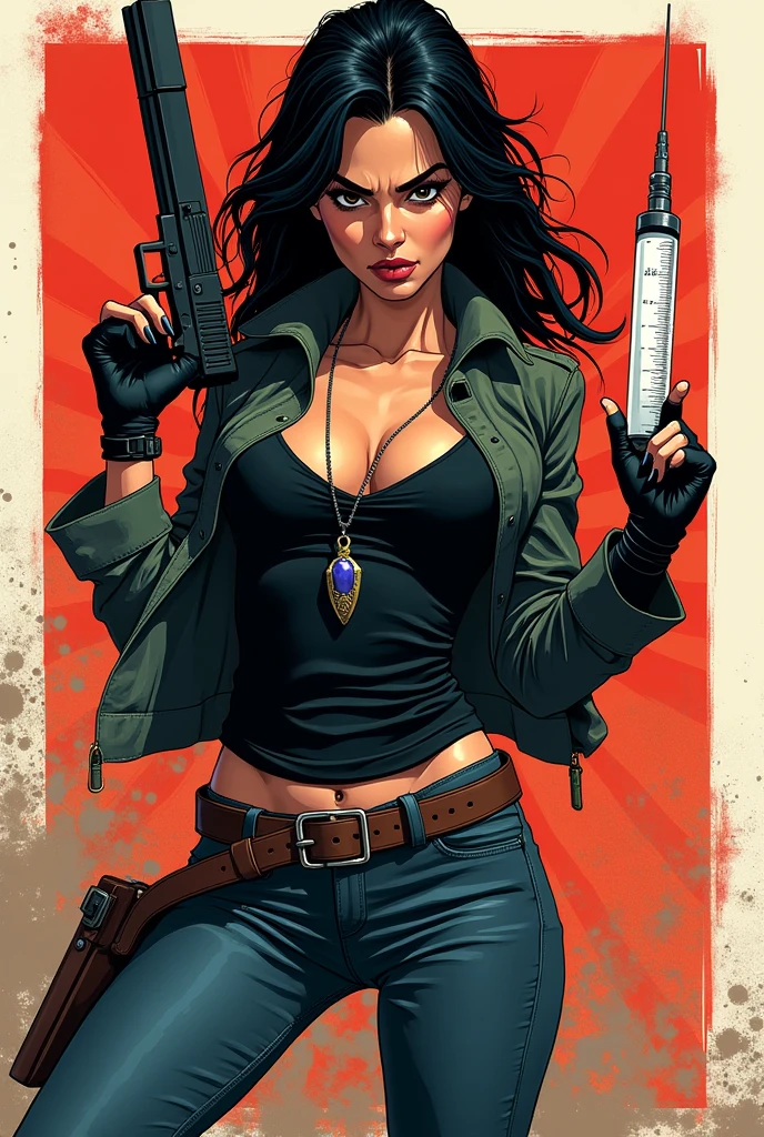 Woman holding gun in one hand and a syringe in the other comic strip