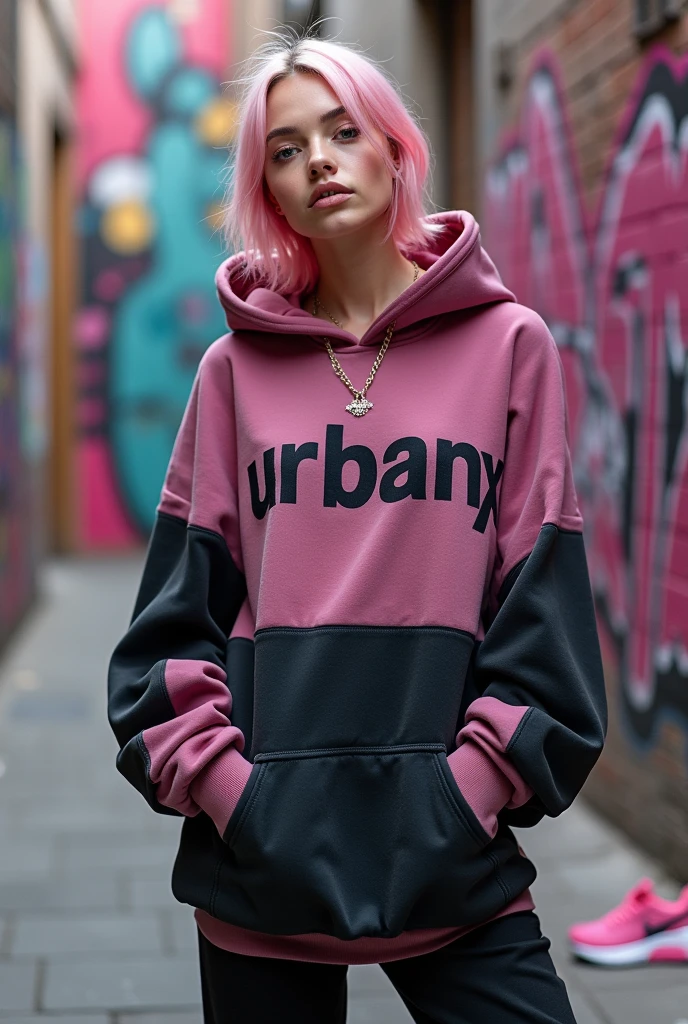 A photo of a young woman with a dark pink hoodie over her black and white 'UrbanX' sweatshirt in a graffiti-filled alley. The sweatshirt has an oversized cut and a hood. The woman's outfit also includes black pants and pink sneakers. She has soft pink hair and wears a necklace. The background is a graffiti-covered wall with pink and black paint splatters.