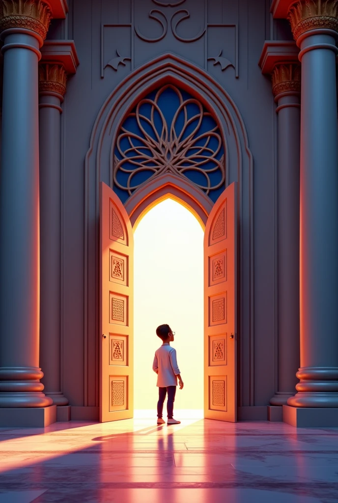 A room in a mosque, on the right side of the room is a door that is open and light is pouring in, and on the left is a dark door that is open, with a man between the doors looking at them. Image 3D cartoon