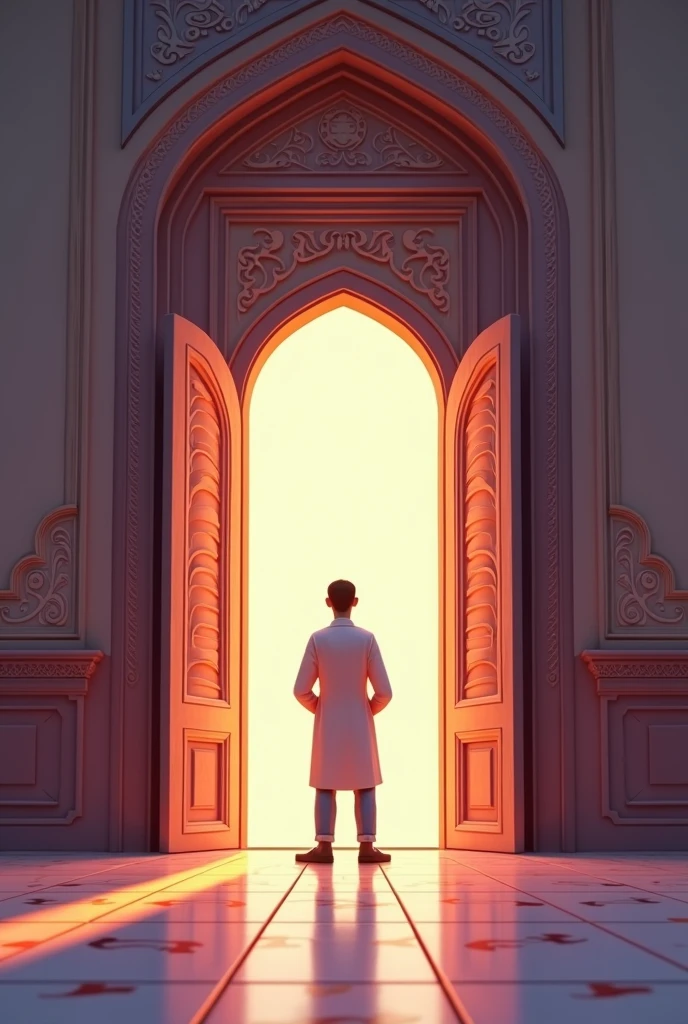 A room in a mosque, on the right side of the room is a door that is open and light is pouring in, and on the left is a dark door that is open, with a man between the doors looking at them. Image 3D cartoon