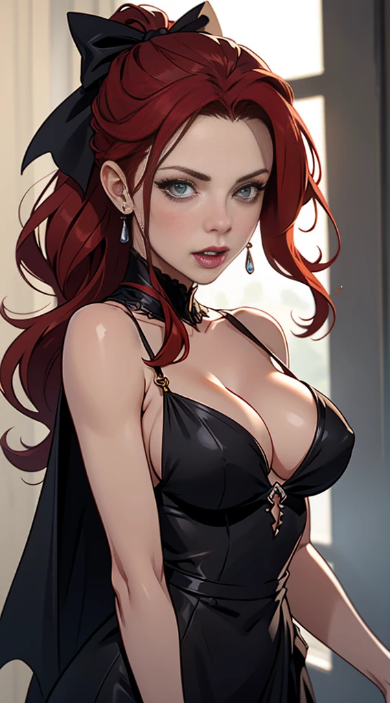 Masterpiece, Best Quality, Photorealistic, Rayne, Black Dress, vampire fangs, hair ribbons, Average Breasts, red hair, dripping from the mouth,Bloodrayne, Danaerys Targaryen, Kate Beckinsale, cleavage