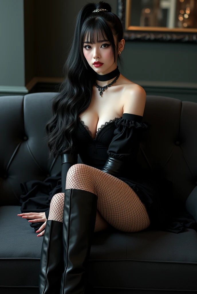 Erotic goth asian woman with fishnets short skirt and boots sitting on the sofa
