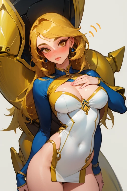of the highest quality, masterpiece, A girl, alone, big chest, detailed face, Microvestido, (dorado), ((tight)), blush, eyelash, pecho's cleavage, belly button, facial focus, evil smile, smile, corruption, (o ring), (Shiny and gossy tanned skin:1.2), choker, jewelry, earrings, collar, Knee High Socks, arms at the sides, Elbow slot, In the office in the background, evening,eyes are hearts.、((Ahegao))、crouched、((Leg separation))、stiletto heels、((Front view))、in front of the viewer、((Partizambo))、chubby