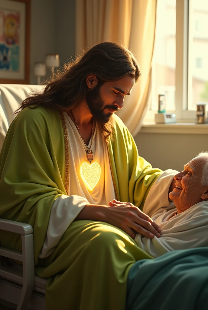 (photorealism:1.2), handsome Jesus Christ holding the hand of an old patient, sitting on bed beside of old patient that laying in bed in the hospital with many apparatus attach, wearing a lime color of king clothes with light in his heart and head sparkling all over, many diamonds, nice hair, indoors, soft lighting, hospital bed in the background, window with sunlight, cozy room, relaxed pose, realistic, intricate details, warm colors,