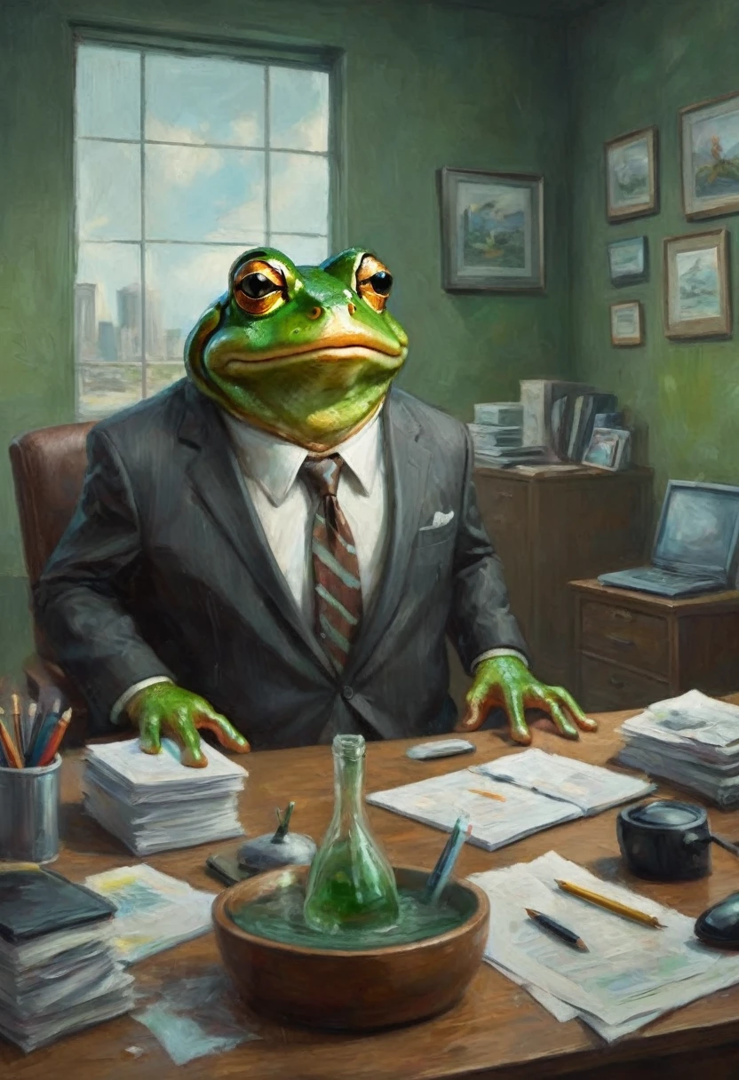 A frog in a business suit is an angry boss dressing down viewer who is working at his desk, the office walls are melting and distorting a little bit, surreal scene