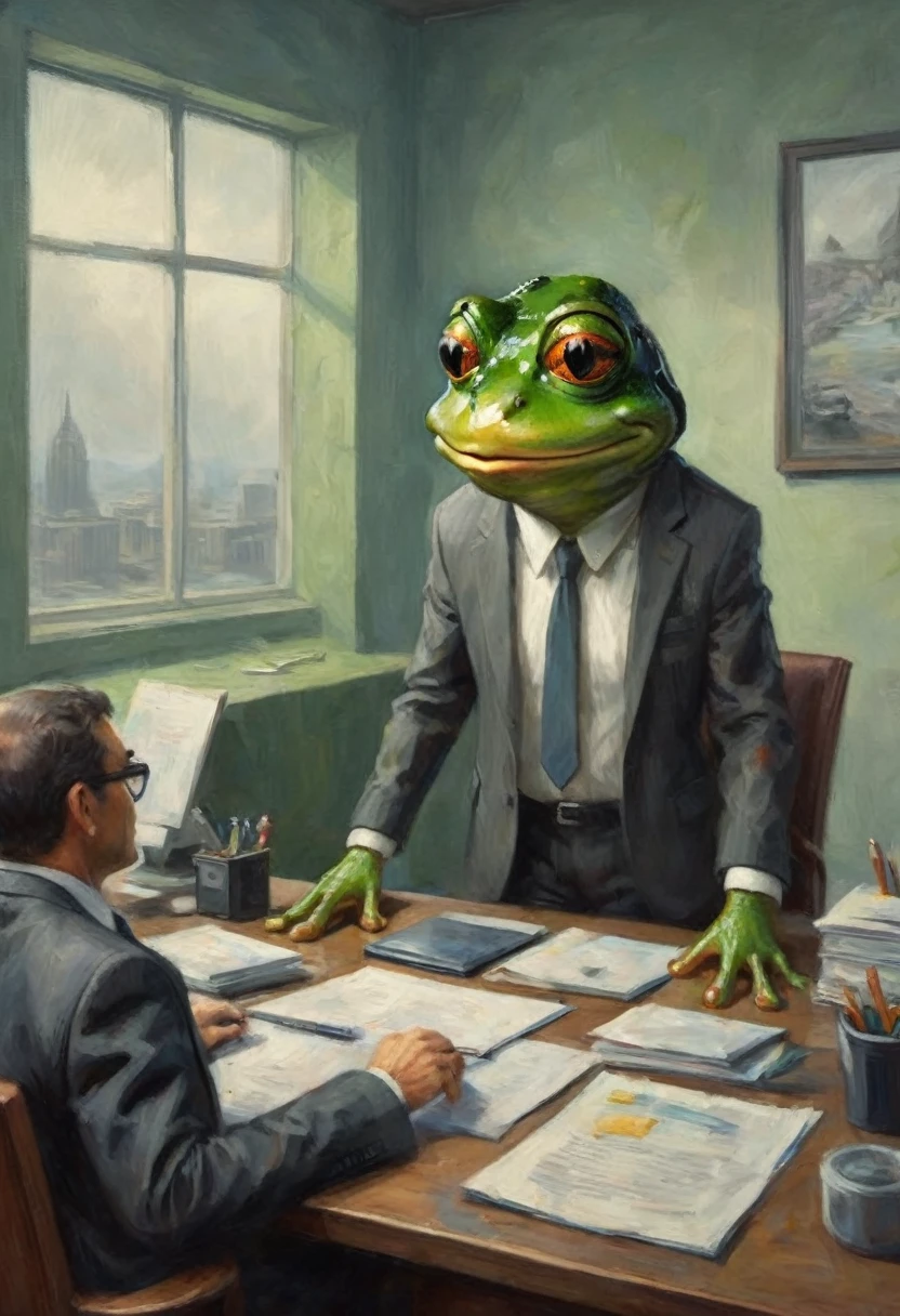 A frog in a business suit is an angry boss dressing down viewer who is working at his desk, the office walls are melting and distorting a little bit, surreal scene