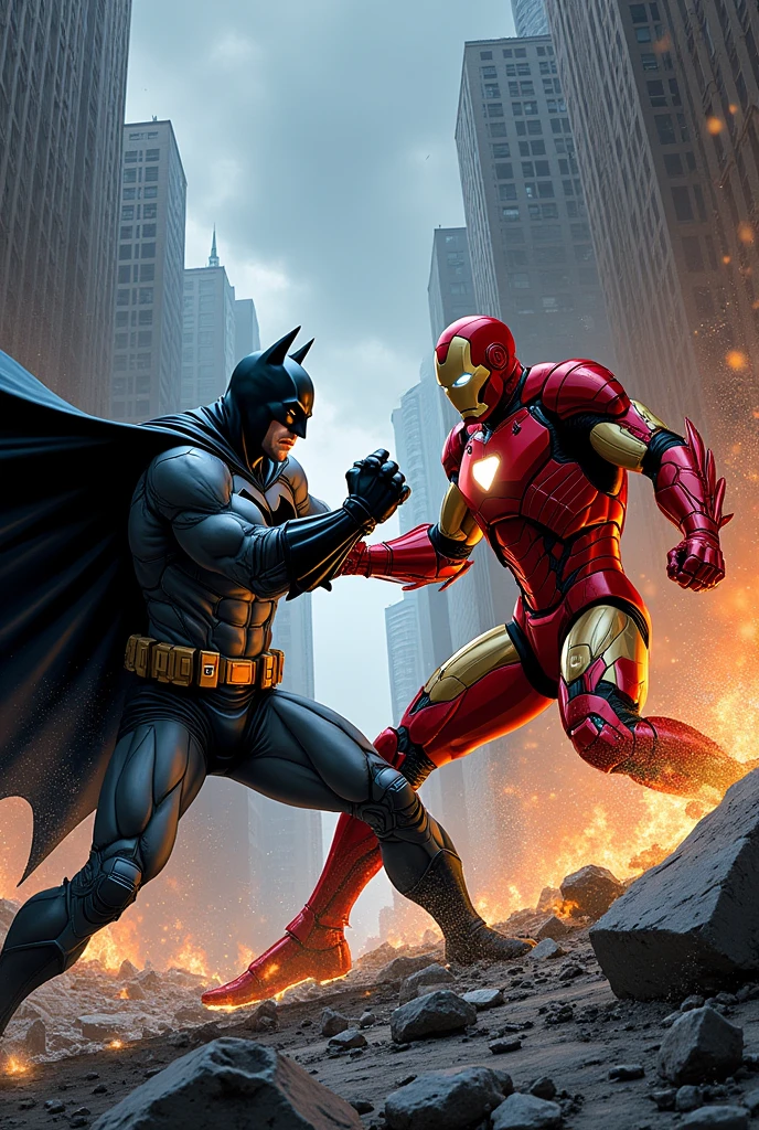 Batman fighting with Iron Man . destroyed city background . American drawing style 