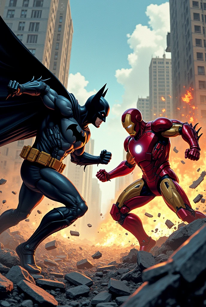 Batman fighting with Iron Man . destroyed city background . American drawing style