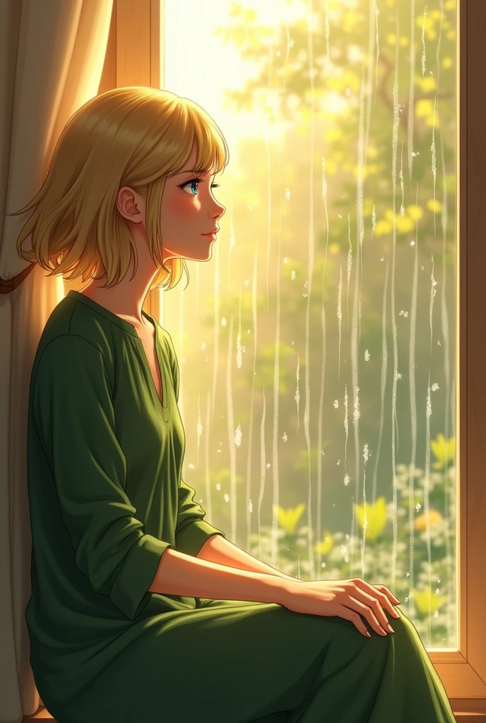 in harmony Emily sat by her window, watching the **soft rain** fall in delicate patterns against the glass.mixed with warm sun , white women with blonde short hair and No deformities in the face, hands and body and smile in her face And eyes shining with joy She looks like a normal human being.Without distortions Wearing a long green shirt and a long skirt green she looks like a human being