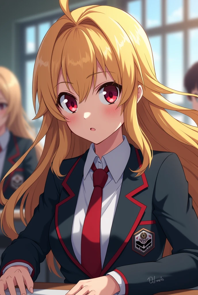 Screenshot of my ver academy.
Girl with long blonde hair, Crimson red eyes and has an explosive expression, She is wearing the UA uniform and in the background a UA school class and is sitting at a table next to Bakugo Katsuki.