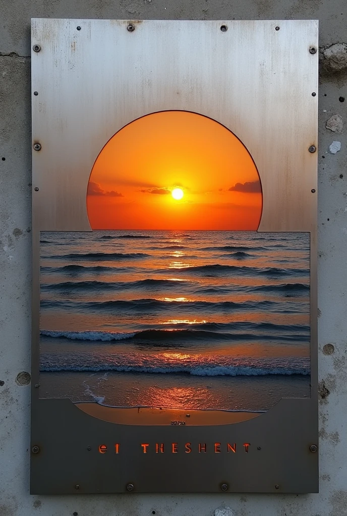 Steel sheet design, horizontal with proportions 16:9, carved with the sunset of the sun hiding in the sea in its upper right corner or that says "the sunsets"