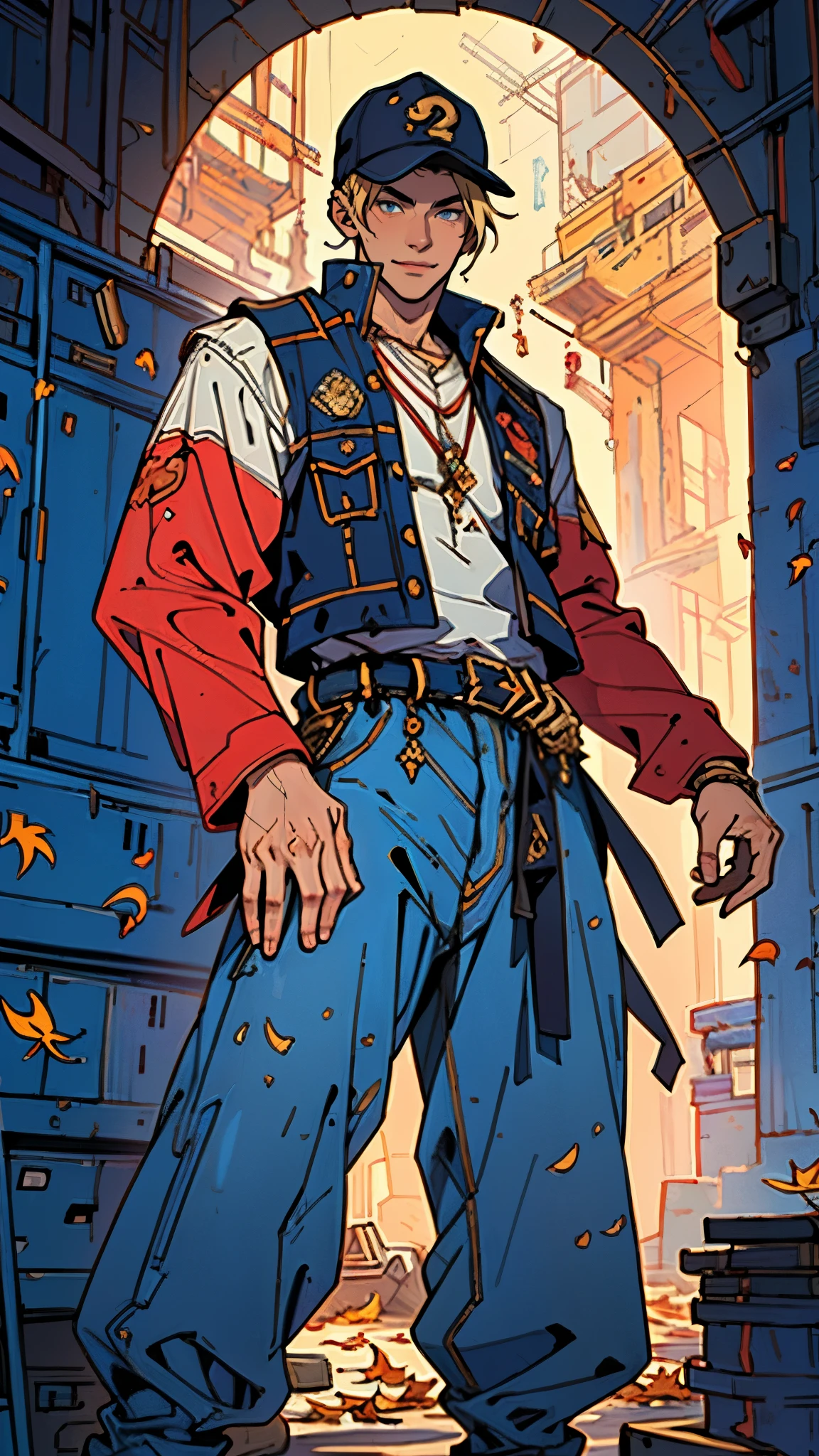 (masterpiece:1.2, best quality:1.2, extremely delicate:1.2), ((male:1.5)), a young man with blonde hair, wearing a red baseball cap backward, messy bangs windblown, a handsome face, a lazy gaze, a confident smile, a fantasy-realism style blue work vest jacket, a dark blue denim long robe underneath, featuring a long hem, a leather belt, loose coarse cloth trousers, strikes a kung fu pose in a horse stance, as fallen leaves are swept up by a whirlwind around him, this character embodies a finely crafted fantasy-realism style kung fu warrior in anime style, exquisite and mature manga art style, dramatic, high definition, highres, ultra-detailed, ultra-fine painting, professional, perfect body proportions, golden ratio, anatomically correct, symmetrical face, extremely detailed eyes and face, high quality eyes, creativity, RAW photo, UHD, 32k, Natural light, cinematic lighting, (masterpiece-anatomy-perfect:1.2)