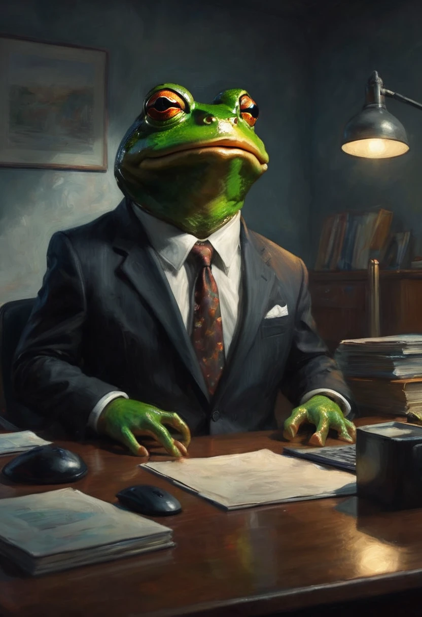 A frog in a business suit, angry boss, dressing down viewer, working at desk, office walls melting and distorting, surreal scene, cinematic lighting, highly detailed, photorealistic, 8k, hyper-realistic, dramatic, dark, moody, chiaroscuro lighting, prominent shadows, vibrant colors, unsettling atmosphere, dynamic composition, powerful emotions
