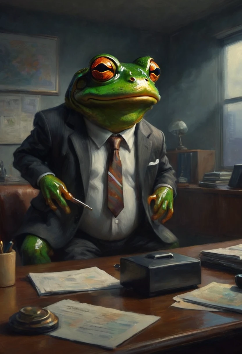 A frog in a business suit, angry boss, dressing down viewer, working at desk, office walls melting and distorting, surreal scene, cinematic lighting, highly detailed, photorealistic, 8k, hyper-realistic, dramatic, dark, moody, chiaroscuro lighting, prominent shadows, vibrant colors, unsettling atmosphere, dynamic composition, powerful emotions