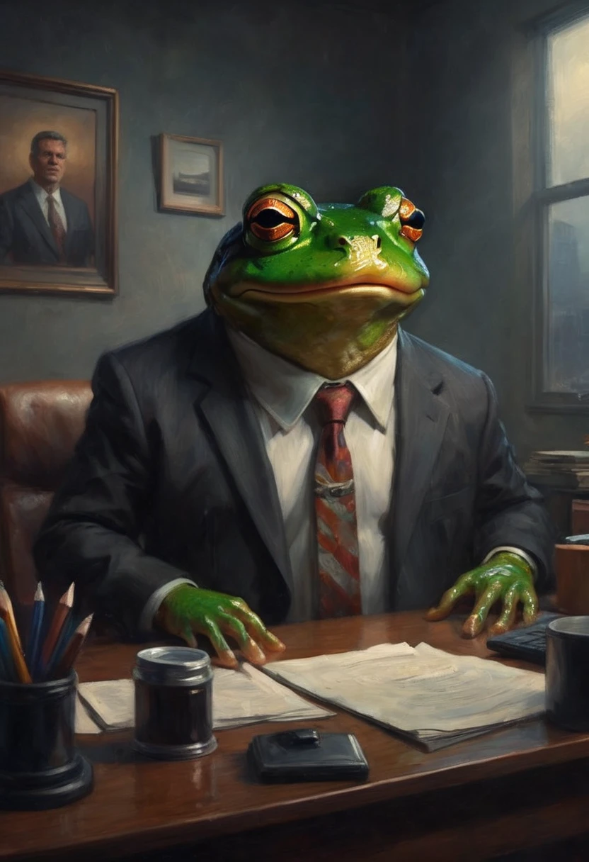 A frog in a business suit, angry boss, dressing down viewer, working at desk, office walls melting and distorting, surreal scene, cinematic lighting, highly detailed, photorealistic, 8k, hyper-realistic, dramatic, dark, moody, chiaroscuro lighting, prominent shadows, vibrant colors, unsettling atmosphere, dynamic composition, powerful emotions