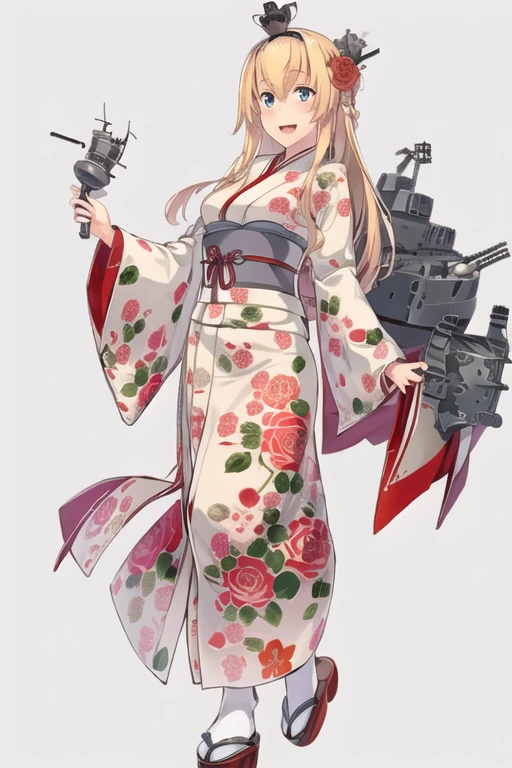 warspite \(kancolle\),((masterpiece)),(((best quality))),((ultra-detailed)),((illustration)),((disheveled hair)),((frills)),(1 girl),(solo),1girl, alternate costume, blonde hair, blue eyes, blush, braid, cannon, crown, floral print, flower, french braid, full body, gun, hair flower, hair ornament, hairband, japanese clothes, kimono, long hair, long sleeves, looking at viewer, machinery, mini crown, obi, open mouth, print kimono, red flower, red kimono, red rose, rose, sandals, sash, smile, solo, standing, tabi, turret, warspite \(kancolle\), weapon, white legwear, wide sleeves, yukata, stand