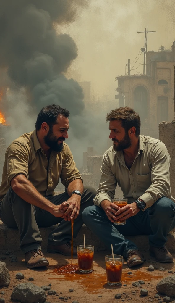 Create a futuristic picture of two men wearing white t-shirts, one is emitting brown liquid like vomit with a concerned expression and has been drinking iced tea, and the condition is very worrying and seems drastic. sitting next to another man while holding a glass filled with iced tea, the surrounding area is like a war that looks like the destruction of a village. with a background like a Zet plane above the clouds and like going to war, showing smoke rising from below, textured and very dramatic and hysterical.